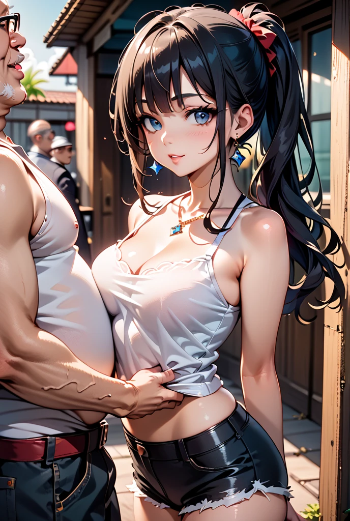 American man and Japanese woman hugging Big Breasts