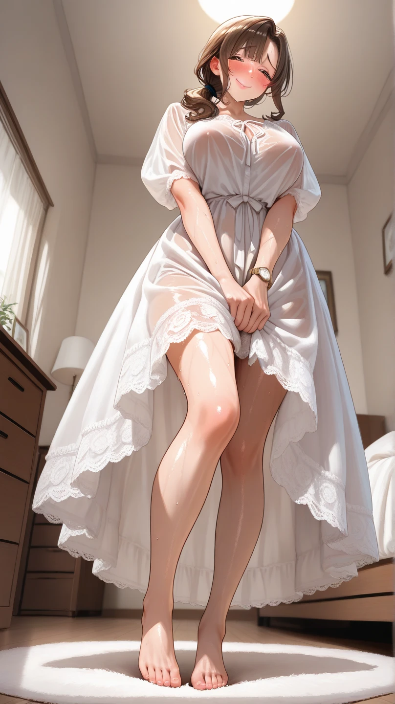 girl, Sweat, vapor, Center of chest, shy, Great hands, Looking at the audience, Cute Smile