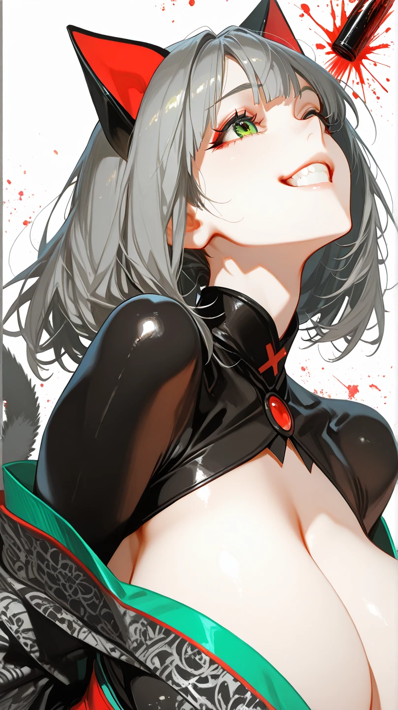 1boy, shiny hair, shiny skin, beautiful detailed eyes, diabellestarr, mask, dress, tight dress,hood up, detached sleeves, single glove, red pantyhose, earrings, bustier,paizuri, blush, breasts, (projectile cum),cum on body, cum on breasts, , cum on hair, facial, overflowing cum, covered in cum, hetero, (lying on the floor), male pubic hair, on back, (penis), pov, soaking wet, soaked in cum, sweaty, extended arms, nipples ,show nipples,medium , perfect , perfect nipples , perfect hands, perfect fingers, five fingers,closed mouth, happy