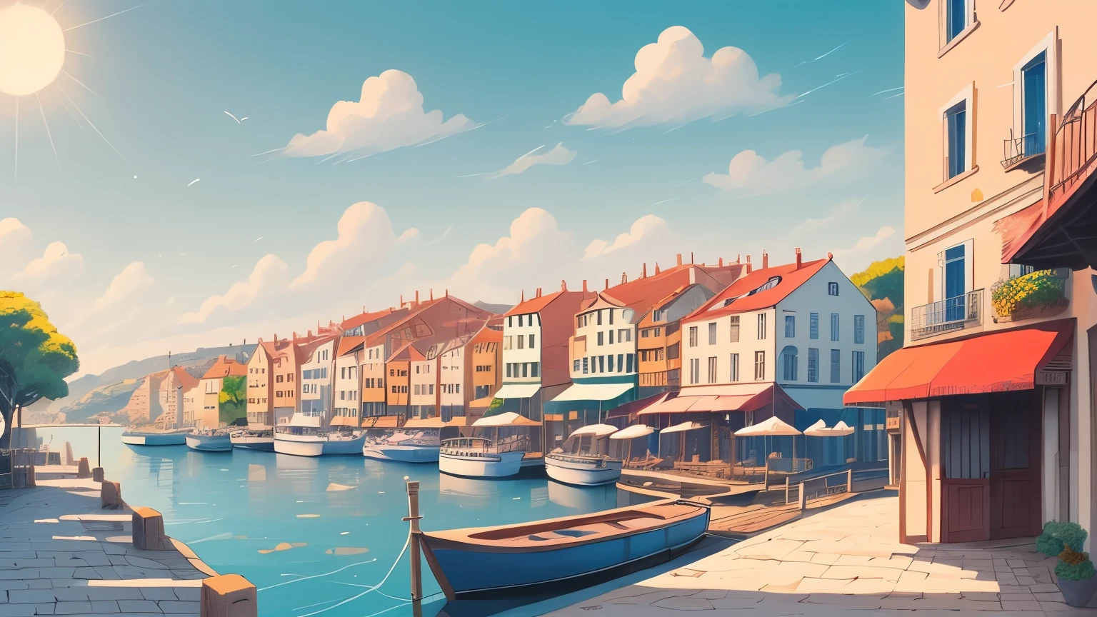 a peaceful fantasy harbor town, cobblestone streets, small boats docked, ocean sparkling under the sun, gentle sea breeze, European architecture, bright midday light, anime illustration style