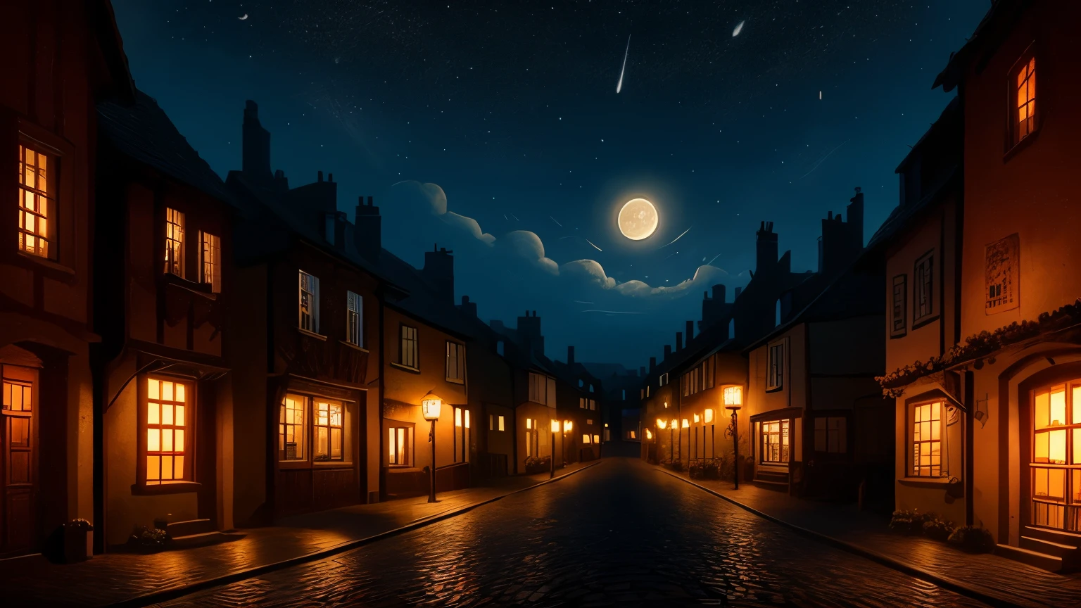 a fantasy medieval town street at night, glowing lanterns, cobblestone roads, houses with lit windows, calm and quiet ambiance, starry sky, soft moonlight, anime background style