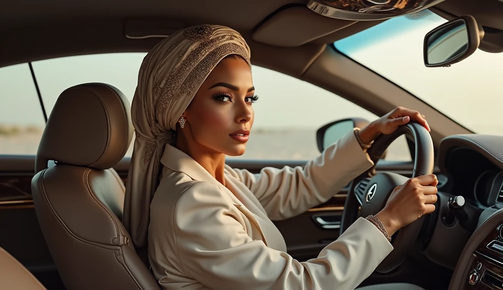 A light-skinned woman wearing a hijab, With plump lips and big eyes, she is in the car looking at the camera with a seductive face