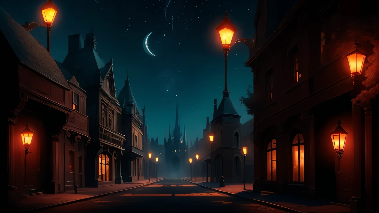 a mysterious fantasy street near a magic academy, gothic-style buildings, glowing runes and streetlamps, magical aura in the air, night sky with stars, cinematic lighting, anime fantasy scene