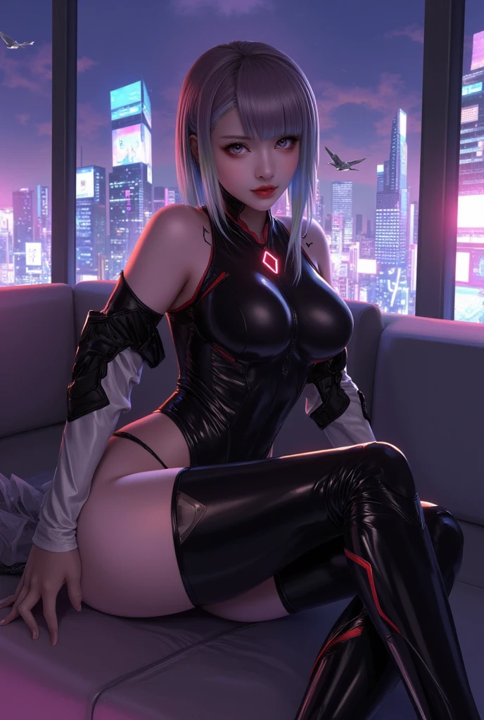 masterpiece, best quality, highres, lu1, cyborg, multicolored hair, makeup, bare shoulders, black leotard, highleg leotard, (thong:1.1), white jacket, open jacket, belt, shorts, cowboy shot, cyberpunk, squatting, wall, abs, Woman Sitting Facing Front , cyberpunk, cybercore, armpits, bobcut, juicy thick thighs, Muscular Woman
