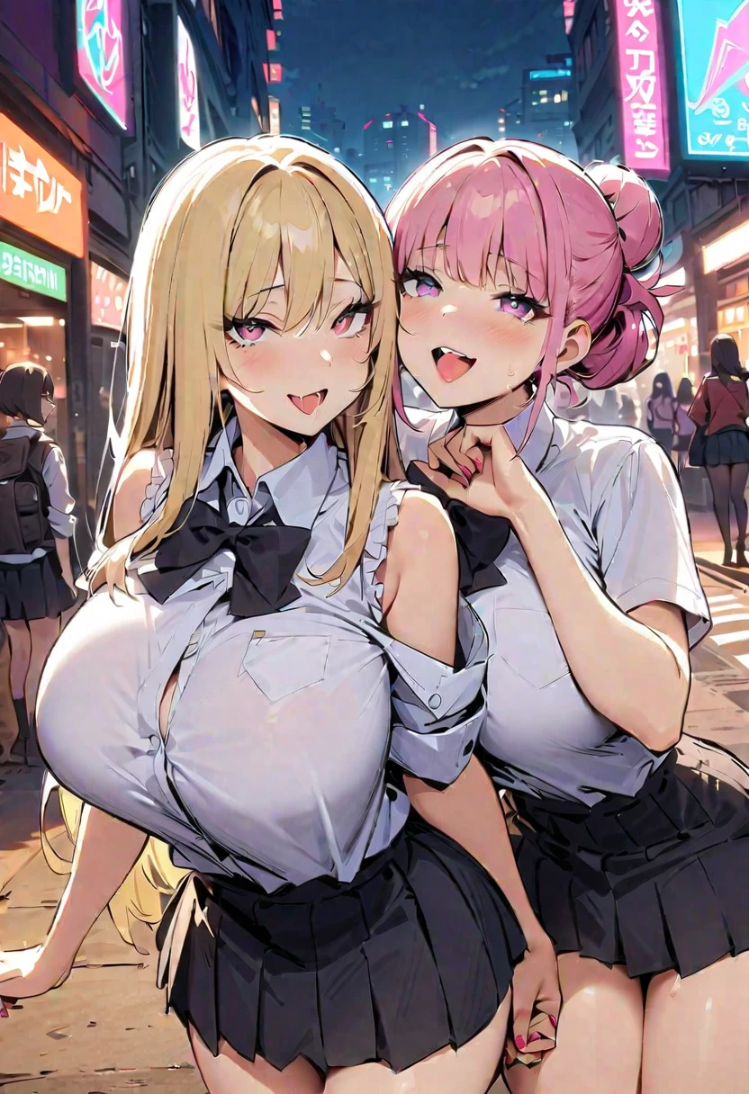 Cyberpunk City, Street, Night, neon light, neon sign, masterpiece, best quality, highres, JK,huge tit,1girl,standing_split, black bow,black bowtie,blonde hair,bow,bowtie,breasts,hair bun,holding hands,interlocked fingers,long hair,looking at viewer,multiple girls,pink hair,pleated skirt,shirt tucked in,short hair,skirt,smile,tented shirt