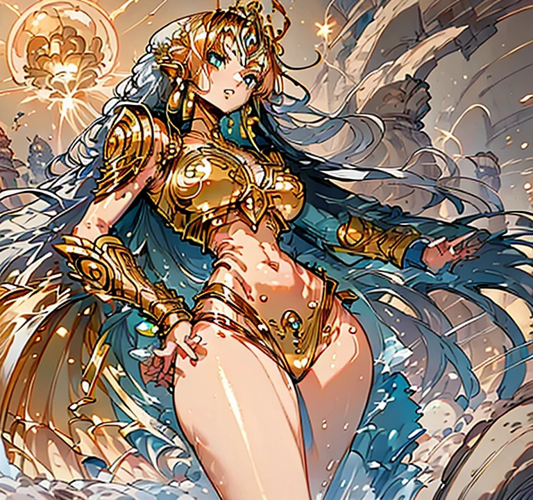 (Emily Rudd:Alicia Vikander) A close up of an supernaturally beautiful and enchanting Atlantean Barbarian War Goddess with a legendary magical spear and angrily shouting in fury. She is skinny dipping in shallow waves in a dark underground sea cave lit only with oceanic bioluminescence that washes over her perfect, irresistible body. Glowing magical golden minimalistic anime-style female battle armor. Her tan skin shimmers with scales. She is athletic, slender, fit, toned, lean, and very muscular with a thin waist and slim hips. She has deeply tanned skin and flowing, lustrous hair. Her large, vibrant, glowing turquoise Asian eyes lock intensely onto the viewer with a predatory, otherworldly allure. She has intricate aquatic-inspired tattoos across her body. Her face has painted designs. Swirling deep shadows.