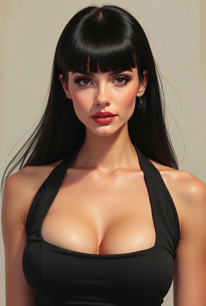 masterpiece, best quality, beautiful black and Asian mixed , ebony skin female, ((Dark background)), straight Bangs, Big breasts, Exposed cleavage, Sexy face, Facial expressions when receiving pleasure, open mouse, intricately detailed hyperdetailed, realistic, sharp features, highly detailed, sharp focus, perfect face, perfect face, perfect symmetrically perfect eyes, perfect full lips, blue Eyes, black sweater,