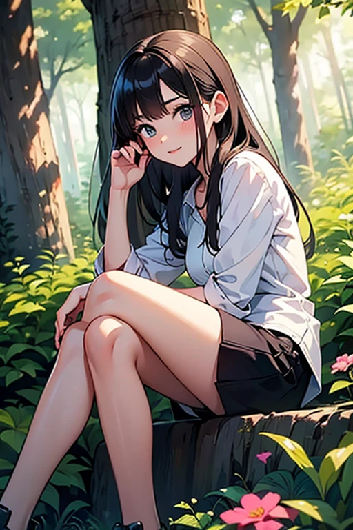 masterpiece, Highest quality,pastel colour,closed mouth,night,crying,Lean your body backwards,Spread your legs,high quality panties,fat,shirt,I'm on my knees,Sigh,Dark Forest,sneakers,Loose-fitting shirt,Pleated skirt,Photoreal 1;4,brown hair,full body ,portrait1;4, {{beautiful medium size breasts 1:4}}, high quality panties,{{schoolgirl}},top quality,cute girl,high quality background, slanted eyes, detailed shirt chest wrinkles,BREAK, {{beautiful blue eye1:4}}, Accurate 5 fingers