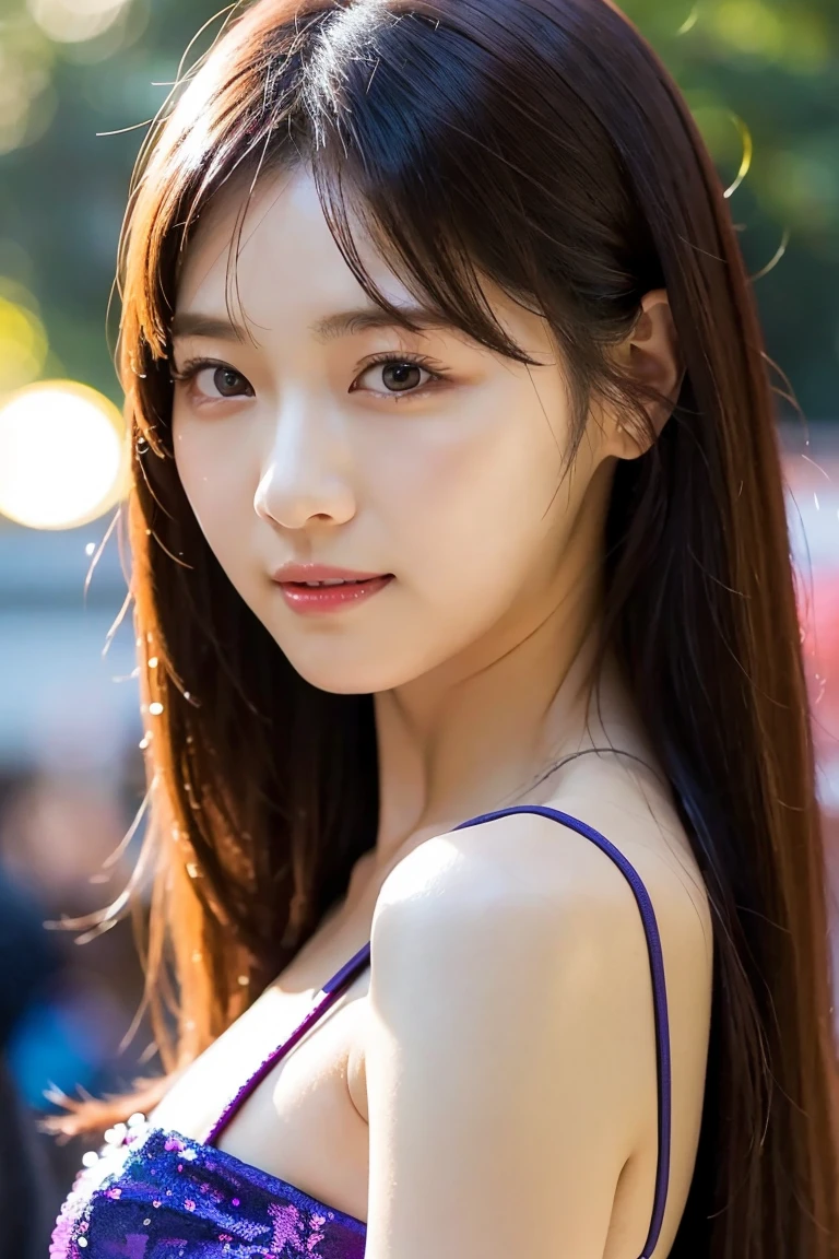 RAW photo, (best quality, 8k, 32k, masterpiece, UHD:1.2), ultra high resolution, (pretty a Korean early teen girl:1.3), beautiful detailed eyes, long brown hair, bangs, (wearing magenta tank-top), big breasts, cleavage, portrait, (crowded city boulevard on a bright sunny day:1.2), (detailed background:1.5)