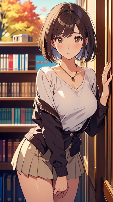 Photorealism, Highest quality, Ultra-high resolution, photograph, Exquisitely beautiful photograph, Extraordinary beauty, Shining Cheeks, Perfect body, Biologically accurate, Beautiful facial details, (Face to face _v1: 0.008), Glowing White Skin, Between the eyebrows, Beautiful glossy hair, Smooth Hair, Thin Hair, High resolution eyes, beautiful, Bright and transparent, big, Attractive eyes, eyeliner, double eyelid, beautiful feet, Cowboy Shot:1. 3, 1 female, 44 years old, 1 person, (Captivating smile:1.2), ((Pure and beautiful woman:1.3)), (Shiny bob hair), (Light brown hair:1. 2), (Sweatshirts), Wellington Glasses, (stylish check skirt), ((Very close relationship:1.2)), (Big Breasts:1.3), ((Carrying a small brown leather backpack)), ((bookstore)), Embarrassed look, ((Stand in front of a bookshelf))