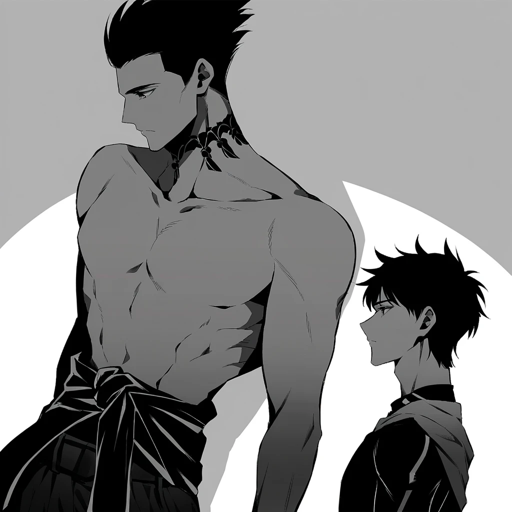 Asian boy, 1 chico, masculino, estilo anime, cuerpo completo, sin camisa, asian features, torso completamente tatuado, orejas llenas de perforaciones, pelo largo desordenado, mirada misteriosa, atractivo