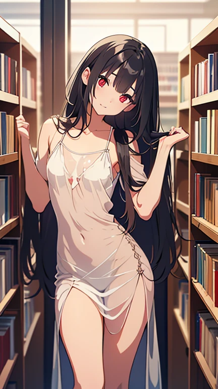((masterpiece,Highest quality;1.3,best illustration,realistic)),Being forced to expose your underwear、1woman、solo,22 year old Japanese beauty,((very small head:1.1)),center parted bangs,forehead,black hair,long hair,black eyes,gorgeous eyes,tears,shy,sad,medium breasts,((very long body)),((toned body,slender body,skinny)),gleaming skin,shiny skin,oily skin,(Dark blue pleated mini skirt、A rolled up skirt、White panties、Wet crotch)、White tank top、library、Tokyo、
