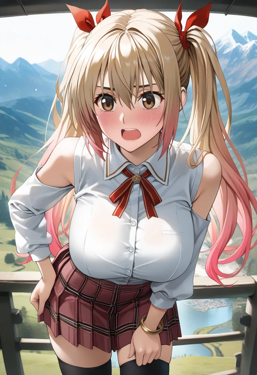 masterpiece, best quality, SimplePositiveXLv2, yuuki asuna, 1girl, solo, long hair, breasts, looking at viewer, blush, open mouth, bangs, large breasts, brown hair, long sleeves, bare shoulders, brown eyes, upper body, braid,orange eyes, floating hair, shirt, white shirt, schoo_uniform, skirt, mini skirt, stockings, outdoors