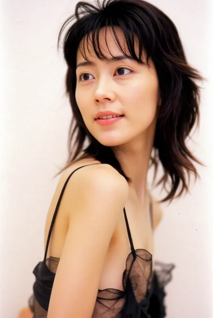 There is a woman standing in a room in a black dress, Magazine Scanning, Magazine Photos, Chiho, kimi takemura, Ishida Sui with black hair, harumi, narumi kakinouchi, magazine article, Advertising images, With a cute - lovely - face, High quality scan, Hole in the Motto, An innocent smile, A sophisticated gravure idol、bikini