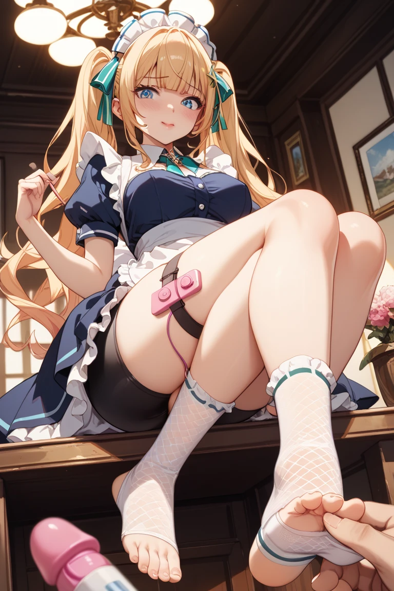 1girl, solo, (masterpiece), smile, one side bun, orange hair, green eyes, blunt bangs, {bunny suit, blue color outfit, bunny ears headband, white stockings}