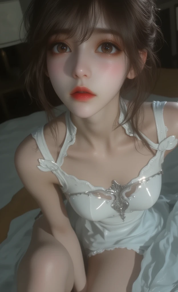 8k, ultra high resolution, Daughter of a medieval European nobleman, a soft bed, princess, 아름다운 princess, Naughty eyes, nudity, tall, slim body, (pale white skin:1.45), skin whitening, Long thighs, transparent and red nipples, Lace stockings, (pregnancy:1.0), (small amount of pubic hair:1.1), big bust, chandelier, luxury, The areola
