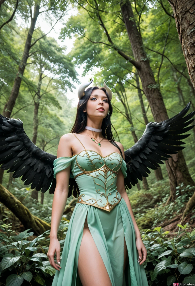 Elf woman with long black wavy hair, pointy ears and black eyes, a crown of blue and purple flowers, dark green dress, gold jewelry, long eyelashes, golden transparent butterfly wings, a dark green forest background, flying small fairies, mushrooms