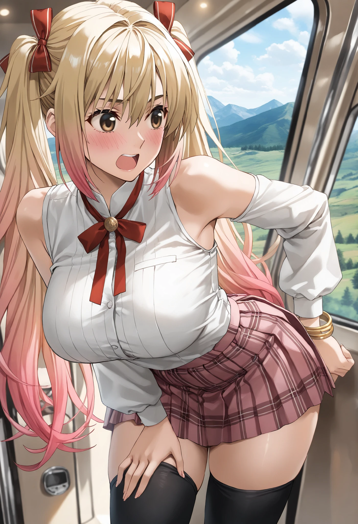 (masterpiece, best quality work, High Gress, ridiculous quality , Original, Newest), COWBOY SHOOTING, depth of field, Bokeh, side map, BREAK, (1 , perfect body, perfect anatomy), (( gradient hair color+yellow hair:1.4+pink hair with long n sleeves:1.2), long hair, ponytails, ponytails ribbon, hair accessories, side hair), (light brown eyes , perfect eyes), Big breasts, uniform, sightseeing, watching trees, , Enjoying trees, surprised, embarrassed, Blushing, , While staggering, Great Voice , sleeveless white blouse 、micro mini pleated skirt、pink plaid skirt from Cafe Stella、、red ribbon、 、rain、rainに濡れている、Strong winds、 hand on skirt ,beautiful girl leaning forward,、from behind、COWBOY SHOOTING、、looking back、Gold Bangle、black thigh socks、In the woods、Mountain trail