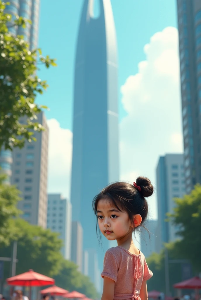 Generate a full image of a young girl, , from south korea, with south korean features, realistic city background, best quality, real, well detailed, hyper-realistic