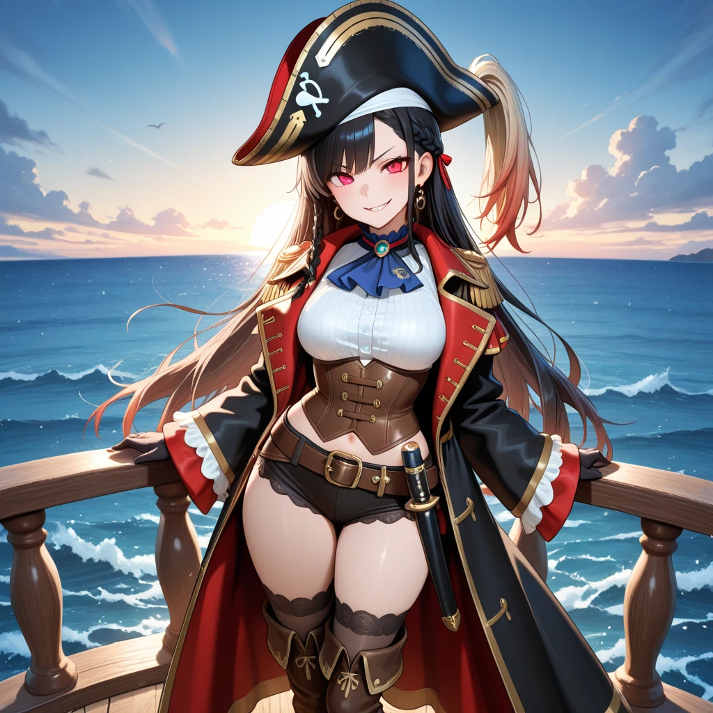 a sexy japanese woman wear pirate hat, pirate outfit, on a pirate ship, fog, soft light, (best quality), (masterpiece), slim, long legs, (flat chested), anime