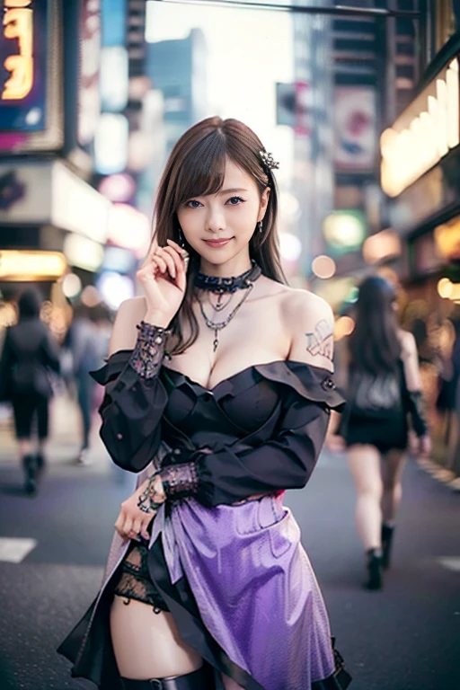 girl, White skin, ((Dark brown short tiered hair)), V cut with layers and bangs, Brown eyes, Soft atmosphere characteristics (Highest quality, Ultra-high resolution, 8K, RAW Photos, Ultra-high resolution: 1.2, masterpiece: 1.3), (Realistic, Realistic: 1.37), Very detailed, Professional Lighting, Photon Mapping, Radio City, 物理ベースレンダring, One Girl, (high school girl), Sharp focus:1.2、Beautiful woman:1.4,cute, Nice, Adorable smile, Normal chest, Cross Necklace、Earrings、ring,(Cleavage)、((Dark brown short hair),Gothic ta Fashion, (((Stay Night, Violet Evergarden))),(A cute toothy smile),Japanese cityscape at night,Tokyo,Selfie,Portrait style