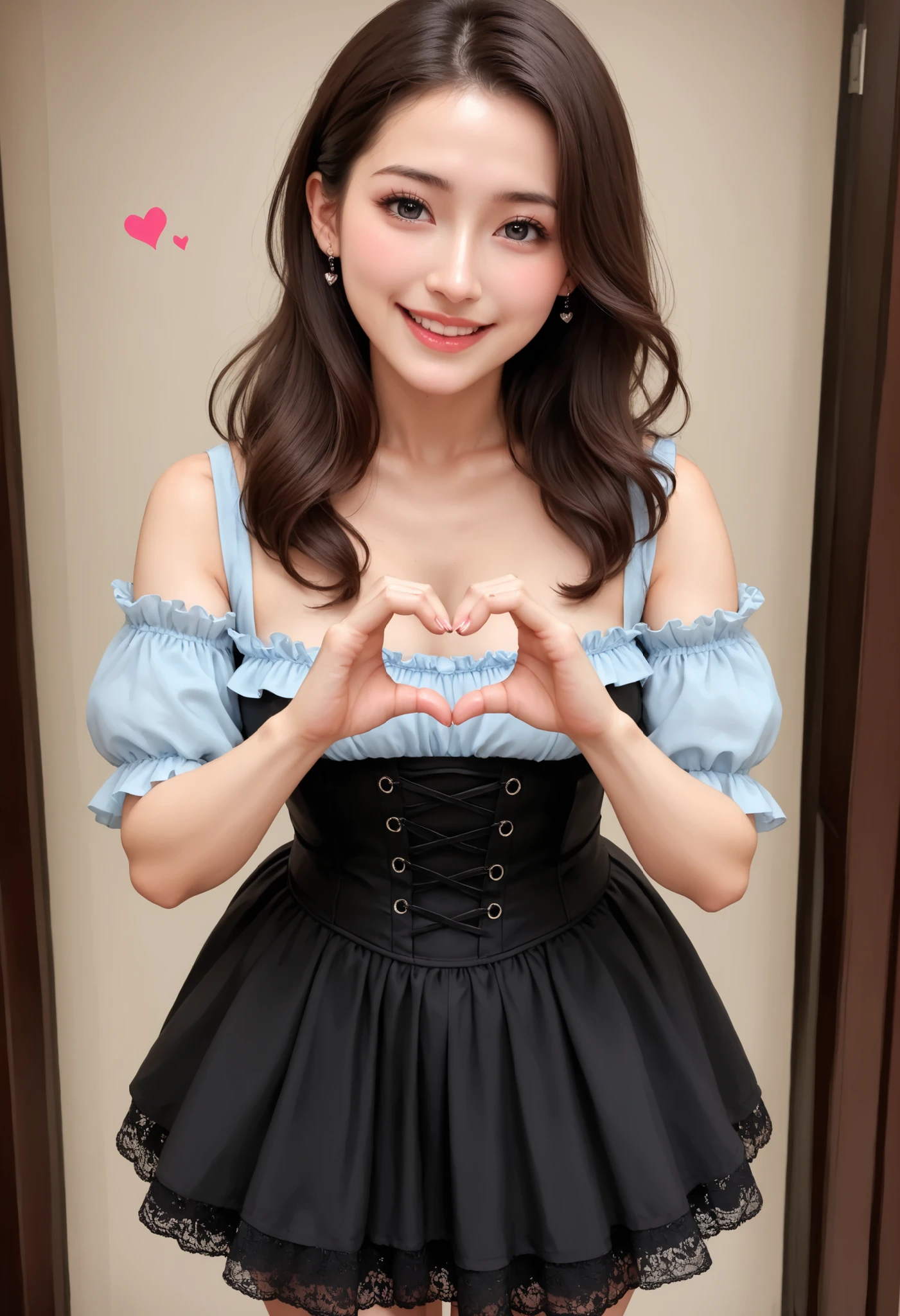 (masterpiece, best quality, perfect face:1.4), wide angle, medium breasts, proportional body, proportional,1 girl, beautiful hair, beautiful face, beautiful detailed eyes, beautiful clavicle, beautiful body, beautiful chest, beautiful thigh, beautiful legs, beautiful fingers, looking at viewer, BREAK, Black and white ta Dress ta fashion, sweet ta, casual ta, light blue blouse, ruffled blouse, black skirt, tiered skirt, lace trim, high-waisted skirt, corset belt, BREAK, Leaning forward, look up, Tilt your head, (((Heart Hands))), BREAK, blush happy smile, textured skin, realistic skin, HDR, BREAK, good hands,