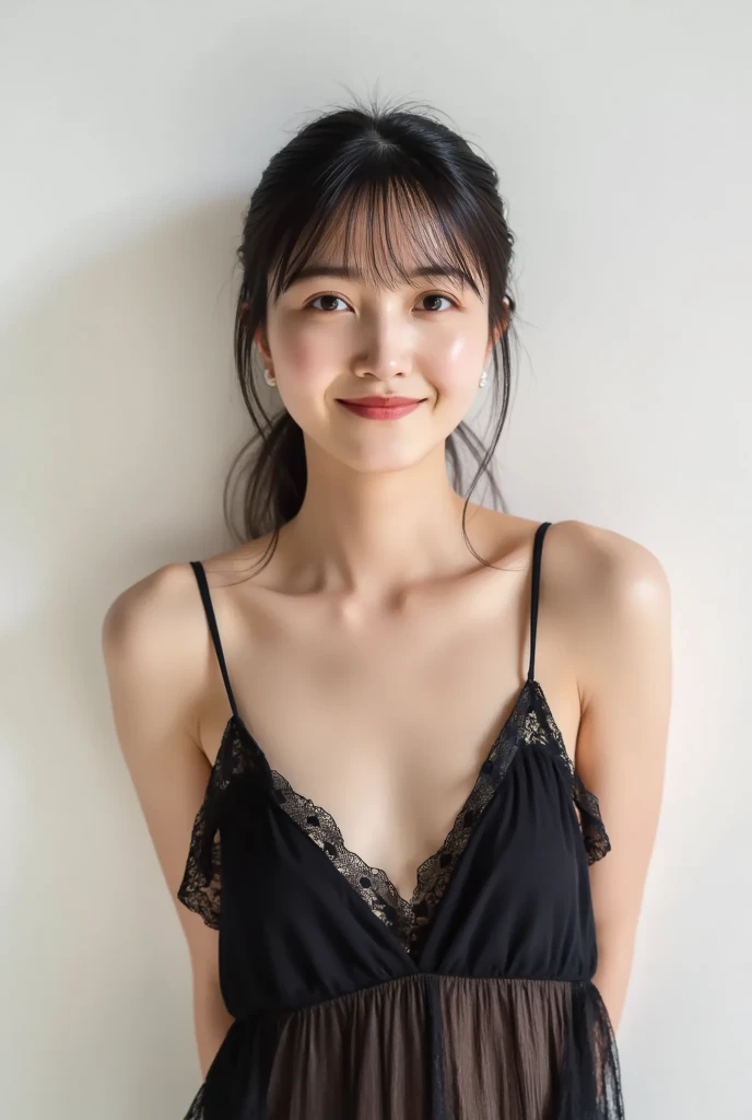,,(((ベルトとストラップ付きのFor women下着セット,Metal Chain,Sexy Lingerie,4 Piece Set,Porn Wear,Nightclub Temptation,For women))),(realistic, photo-realistic:1.4), (masterpiece, best quality:1.2), RAW photo, high resolution, intricate details, extremely detailed, realistic and sharp details, cinematic lighting, portrait, face focus, frontal photography, 独奏, 1girl, a  Japanese woman, dark hair, (short bob hair, blunt bangs), slender body, smaller face, detailed face, detailed eyes, sophisticated nose, pale skin, collarbone, small breasts, flat chest, cheerful grin, smile, parted lips, (satin bra:1.5), photo background, indoors,,,[Sora Tamaki]