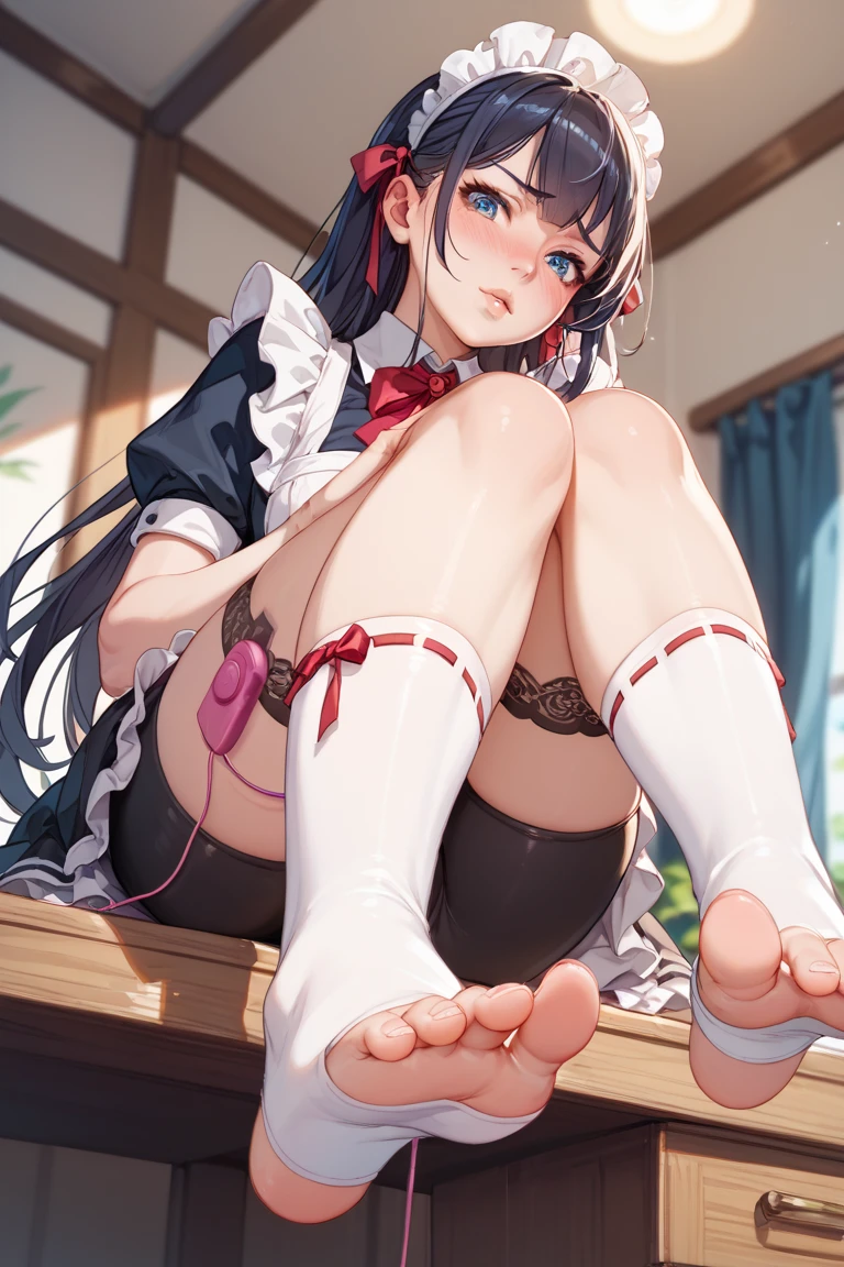 Masterpiece、Highest quality、Highest quality, (long and thin legs, shoes:1.2), squat、Spread your legs with both hands、1 girl, (smile、Open your mouth大笑い:1.2), Cute eyes, (Detailed face:1.3)、Open your mouth, The whole face turns red, alone, Oversized breasts, Big and ample breasts, (Straight bangs), White maid outfit、(Bust only super micro bikini:1.2)、Side bust、Underbust、belly button、Walking the mansion&#39;s corridors、nsfw、shoes下