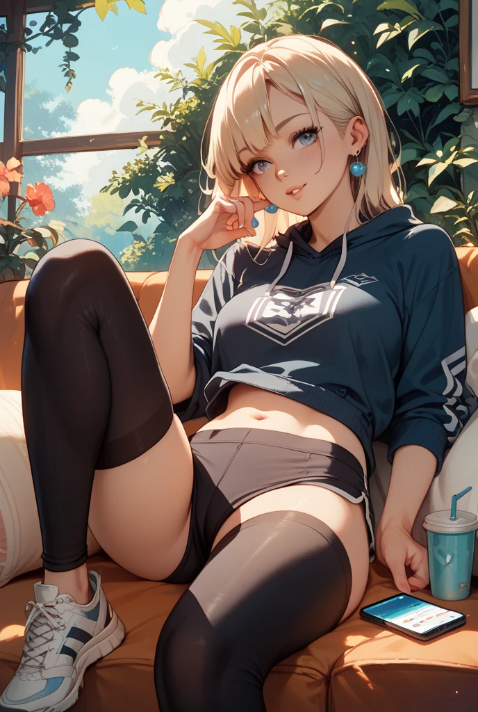 (masterpiece, best quality:1.2), solo, Android 18 from Dragon Ball, ((light gray hooded sweatshirt, hooded crop sweatshirt, long sleeve, black thin thigh highs, knees up, beautiful butt, thighs, purple panties)), small breasts, blonde hair, (single hair bun), ((blue eyes)), (wearing glasses), earrings on earlobes, slender feminine figure, skinny body, (drinking a coffee), cleavage, off shoulder, light blush, chill, hot coffee, organized, simple, white-based interior, a few plants, cloudy sky, terrace, magnificent view, blur background, 4K, on the cute chair, (pale blue chair),