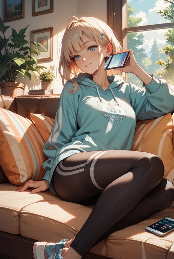 This illustration depicts a cute girl playing a game in her living room. She holds a game controller in her hand and her eyes sparkle. The room has a neon-colored wall and a dimly lit futuristic feel. However, the most noteworthy thing is the "last mysterious high-energy body" she emits. This energy body released from her body has the power to obliterate the garbage in the store. The pale light reaches every corner of the room. He is sitting cross-legged in a large chair and is wearing a hoodie. I'm obsessed with the game.
