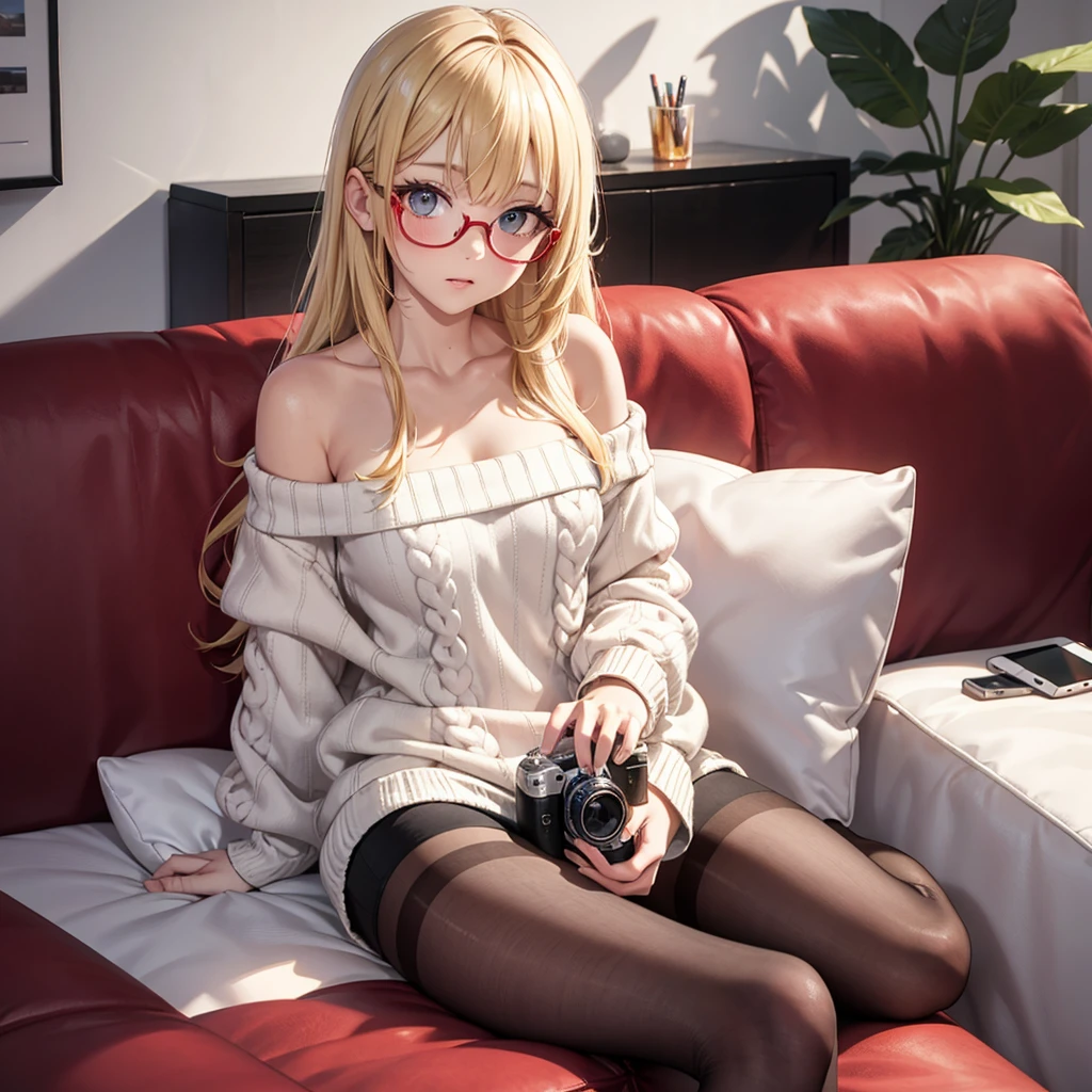 1girl aqua eyes ass visible through thighs bag black nails blonde hair breasts eyewear on head glasses hexprinxess highres indoors large breasts looking at viewer nail polish round eyewear shorts sitting smile solo stuffed animal stuffed toy sweater teddy bear thick thighs thighs