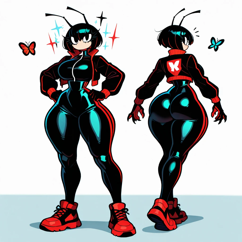 score_9, score_8_up, score_7_up, score_6_up, zPDXL2, grimm \(hollow knight\), vampire, bat, 1boy, solo, cute face, detailed eyes, portrait, thick thighs, anthro, thick ass, pov, black skirt, blue tight sweatshirt, red sports gloves, sneakers, background, cute poses, highlight buttocks, highlight thighs, femboy, wallpaper, from behind