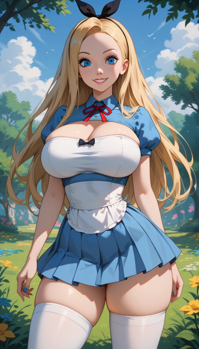 (masterpiece:1.2), (highest quality:1.2), Curvy but slender body, perfect eyes, perfect face, perfect lighting, 1 girl, long hair, curly hair, fine clothes, detailed outdoor background, compensate, eye shadow, thick eyelashes, fantasy, (maid)、whole body,alice in wonderland、blue sky、Bright and beautiful face、young shiny glossy white shiny skin、the best beauty、the most beautiful bright blonde hair in the world、thin hair、super long straight hair、Shining beautiful bangs、Shining crystal clear big blue eyes、Very beautiful lovely 17 year old most beautiful girl in the world、big and full breasts、bra、I could see her nipples through the gap in her underwear、a sexually excited look、A sexually seductive look、open your legs wide、((She lifts up her skirt and shows her panties、she is seducing))