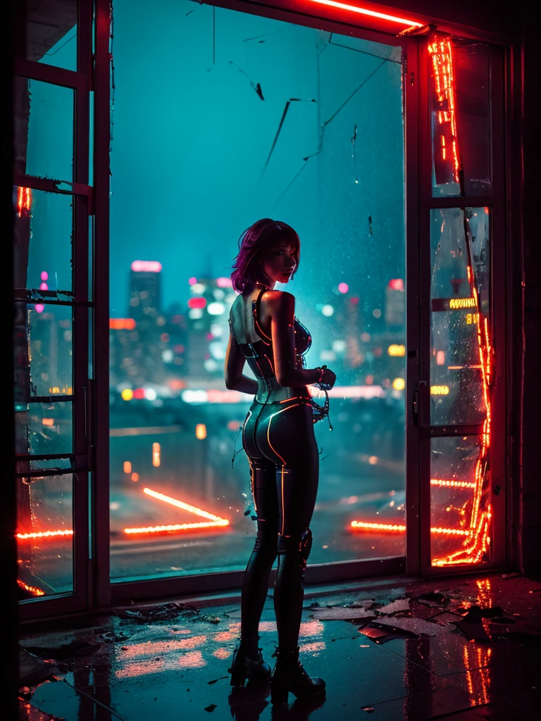 Kiernan Shipka, cabelos loiros, sozinho, seen from behind with short blonde hair in a black latex corset and mini thong, parado em uma rua molhada, cintura fina, bunda bonita, coxas grossas, pernas nuas, bunda exposta, pele de porcelana em Cyberpunk city, em uma cidade cyberpunk, no estilo cyberpunk, Foto cyberpunk, tiro nas costas, Medium rear shot, latex dental floss, shiny latex dental floss, Cyberpunk, cyberpunk em uma cidade cyberpunk, Cyberpunk feminino loira, in a cyberpunk setting, em uma cidade cyberpunk, em uma cidade cyberpunk, Cyberpunk, Garota cyberpunk, em uma Cidade Cyberpunk Futurista, apenas uma mulher, Kiernan Shipka
