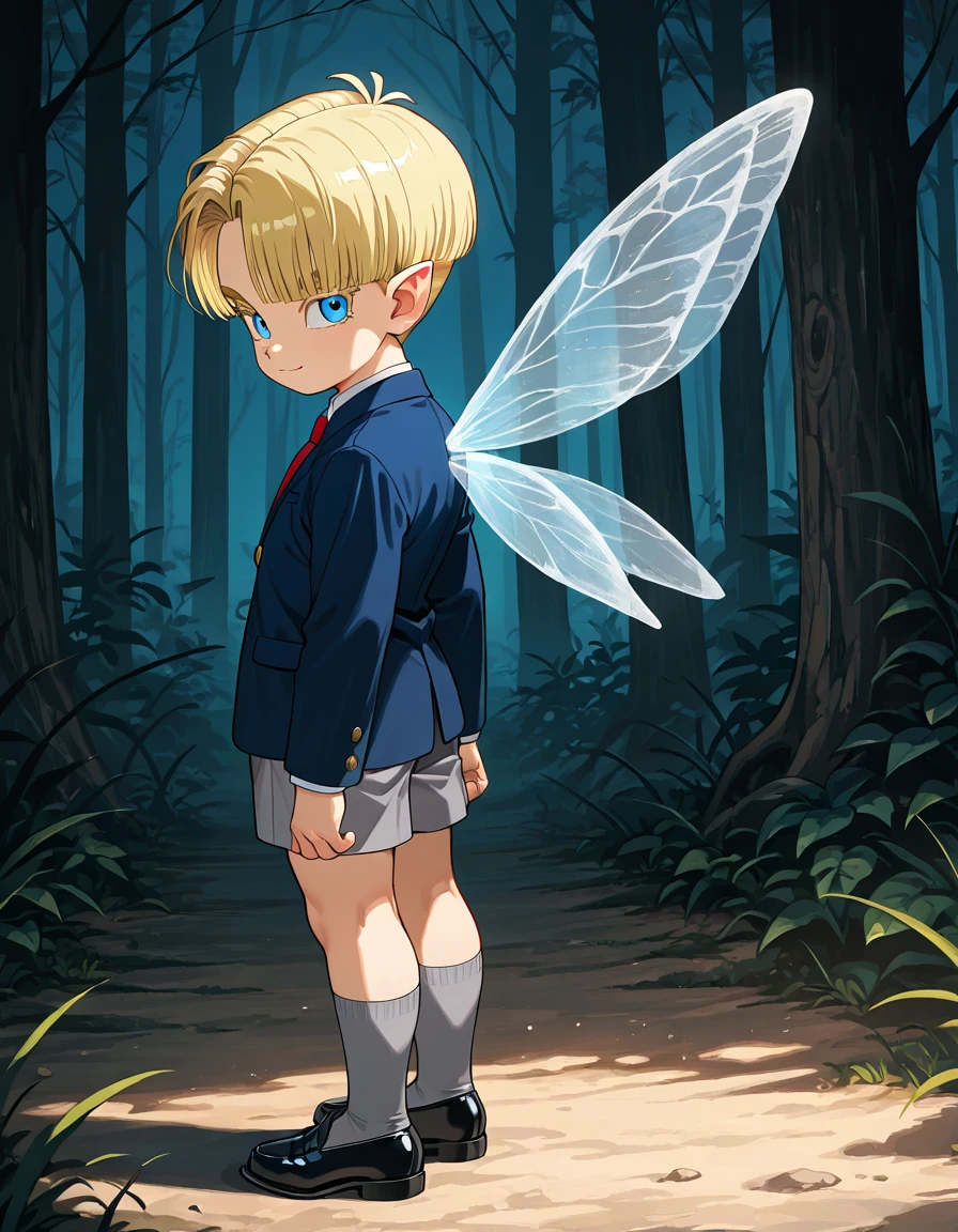 fifteen-year-old boy, wearing a green fairy costume with white wings standing on a hard wood floor shot from above as he looks at the camera confused. Blonde pixie cut. Wearing green gloves and shoes. Darkened room, tiny, little, athletic, erection under clothes, Height about 120 cm