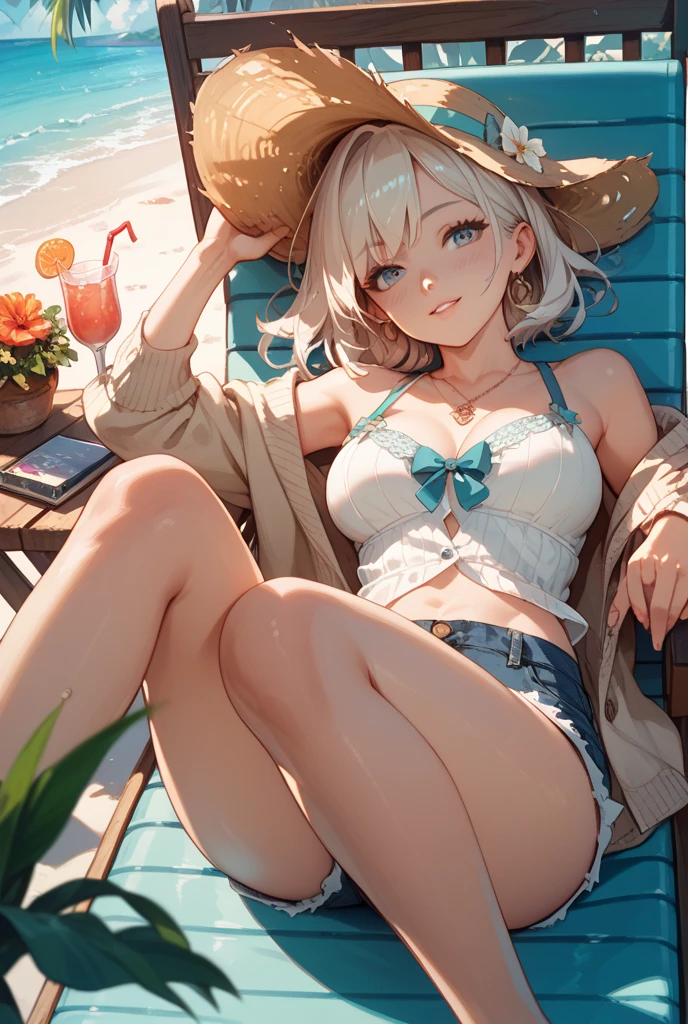 ((Best Quality)), ((Masterpiece)), (High Definition:1.3), Beautiful,(Masterpiece), Realistic, Beautiful photo,　1girl, Slender small breasts、Sit on the ground、Great smile、Soft white half-up hair、Cute Beautiful Girl、Small Bikini、No clothes、atlibrary
