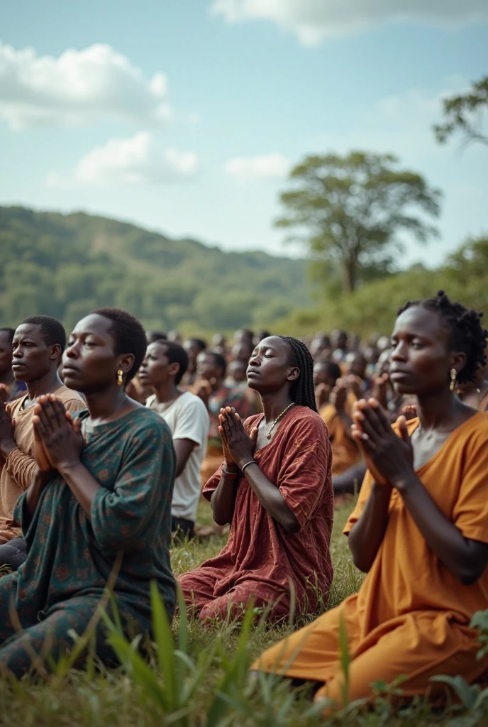 Une jeune femme africaine avec ses enfants entrain de prier Dieu 