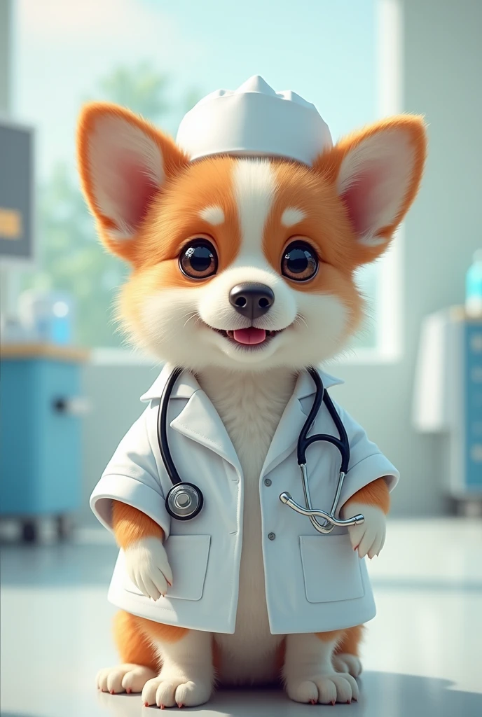 Adorable labrador puppy wearing a crisp white lab coat and stethoscope, very realistic, warm light, Super high quality even the hair, 8k, Full HD, very detailed,