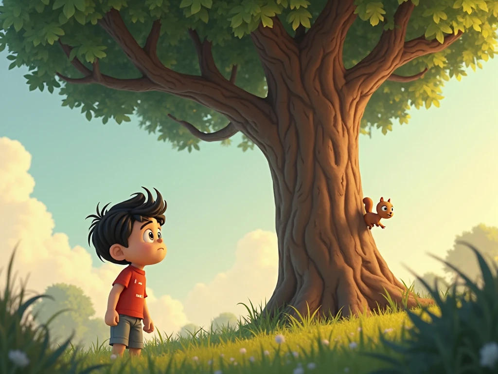 Leo, a young boy with a cheerful smile, Nutty climbing up the tall oak tree with determination. The kite is visible, tangled in the branches above. Leo stands at the base of the tree, looking up with a mix of concern and hope. The focus is on Nutty's agility and Leo’s anxious anticipation.