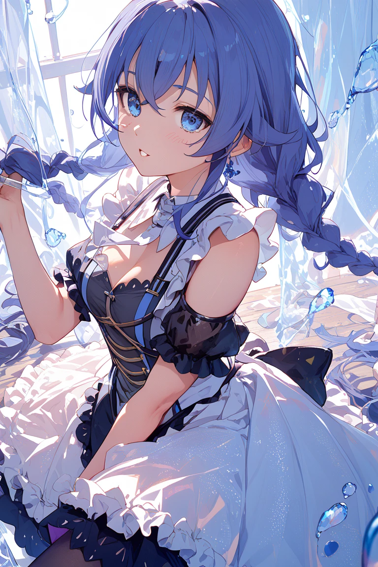 CI anime thin with blue hair on her back dancing on a pole, the girl's hands are tied to the pole with police handcuffs
