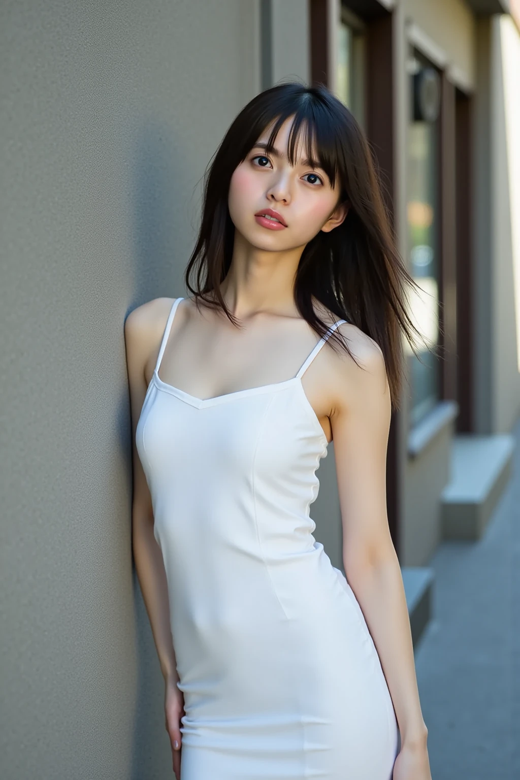 8k,masterpiece,high resolution,Japanese,12-year-old girl,from the front,smile,Innocent face,Calm Eyes,semi-long,Black Hair,bright,Underdeveloped,White camisole dress,Summer clothes,Back Alley,Thighs,Wide open chest,clavicle,Shoulder straps,Small valley,The thinnest fabric,The skin is transparent,Sun light,Thighs,delicate,Poor,