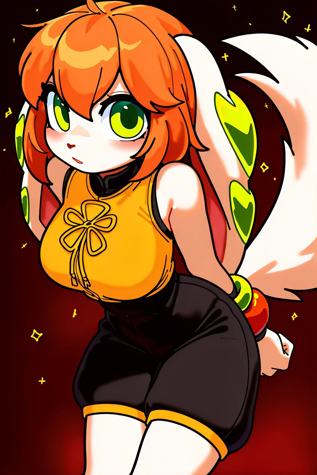 masterpiece, best quality, HD, ultra-detailed, 1girl, vivid colors, Pokémon Flareon, Red Eevee, Flame pokemon, Fire pokemon, (furry:1.35), humanoid, humanization, anthropomorphic, on 2 legs, beautiful detailed (black eyes), big (black eyes), Fire and flames environment, fire palette, fluffy flaming ((yellow tail)) and (red colored ears), ((black inside ears)), (fluffy (deep red) flame fire red colored skin and fur), detailed (flame yellow) hair color, beautiful ((fashionable hairstyle, tuft hairstyle, standing hairstyle, curled hair)), ((detailed red colored long fluffy dress)), , oppai, , ((yellow cloth neckband decoration)), sparks and flames fly from it in all directions, Action strong Pose