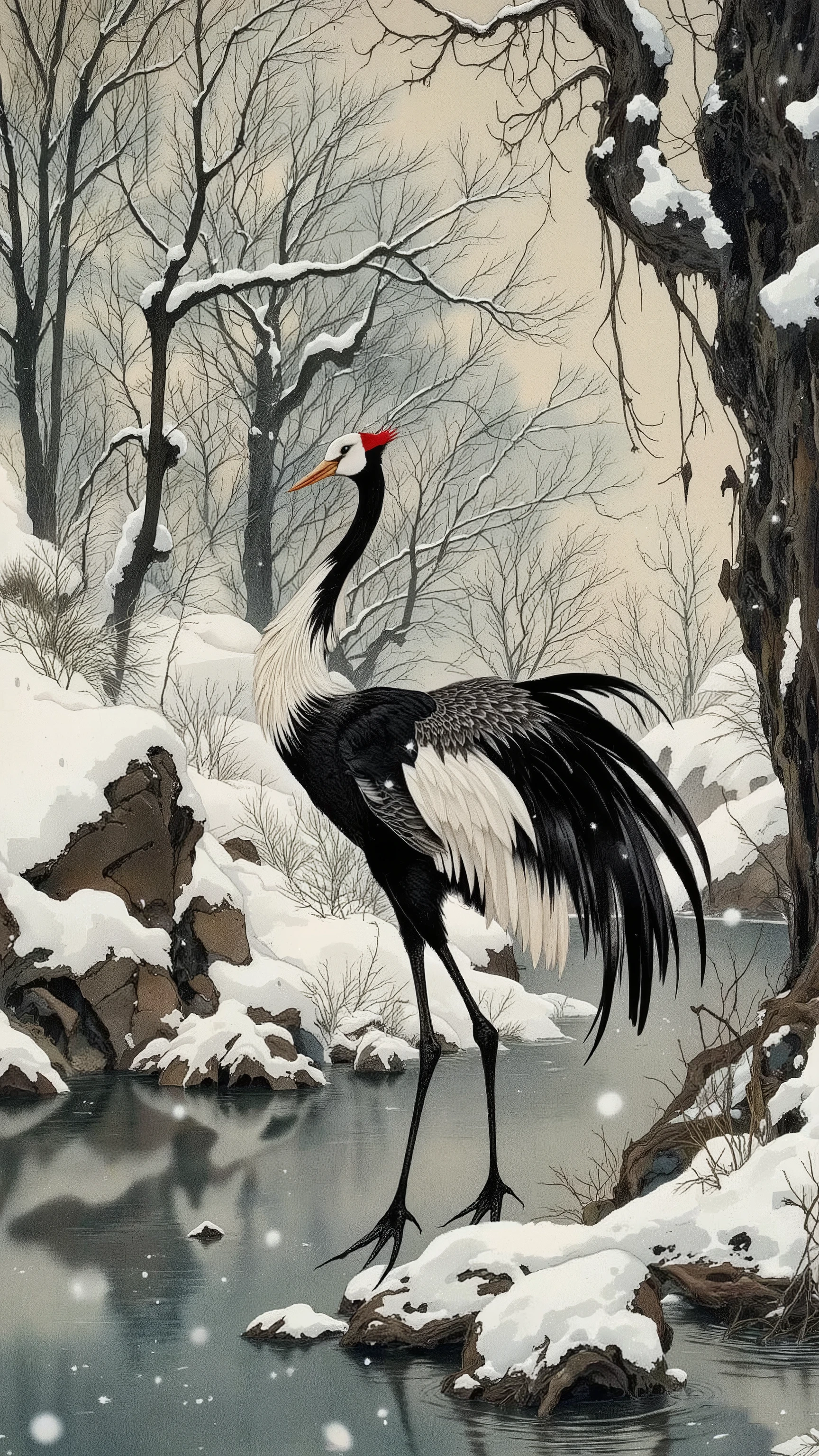 crane,nohuman,wide shot,falling snow,landscape background,lakeside,trees,branch,winter,snow,day,day light,dynamic pose,dynamic angle,natural lighting,vivid color,ito jakuchu,nihonga,sumi-e 