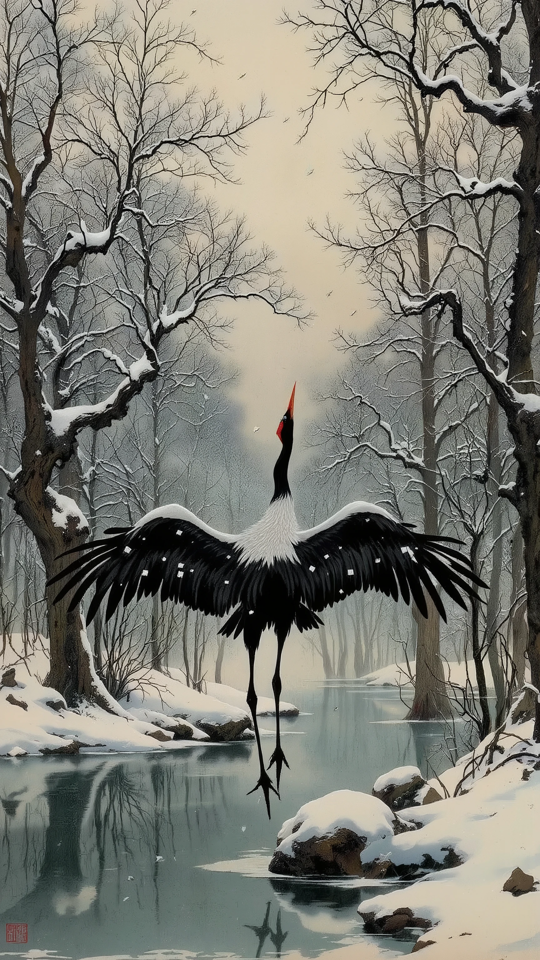 crane,nohuman,wide shot,falling snow,landscape background,lakeside,trees,branch,winter,snow,day,day light,dynamic pose,dynamic angle,natural lighting,vivid color,ito jakuchu,nihonga,sumi-e 