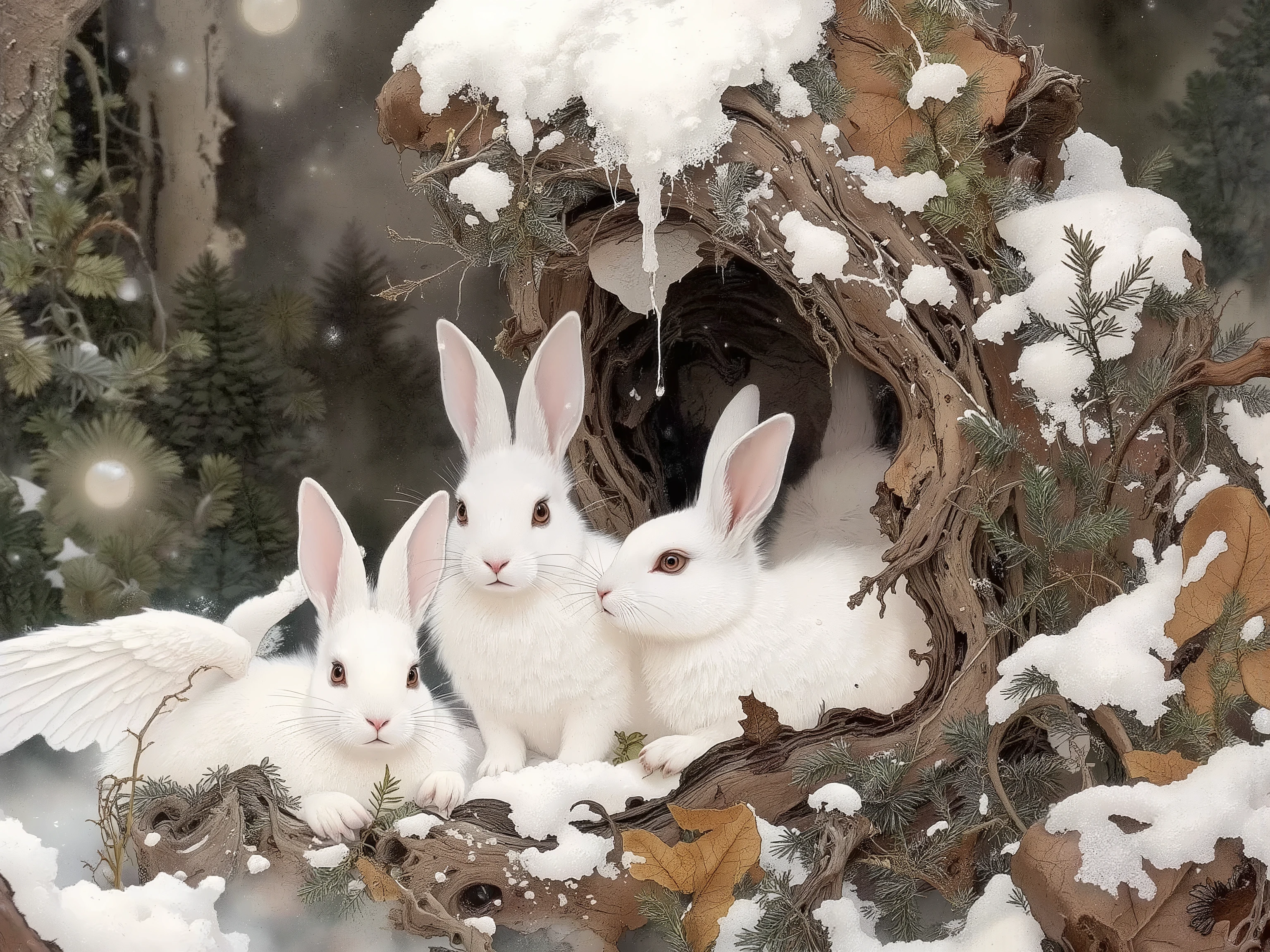 a few snow rabbits,white rabbits,Rabbit Hole,nohuman,wide shot,falling snow,landscape background,trees,branch,winter,snow,forest,day,day light,dynamic pose,dynamic angle,natural lighting,vivid color,ito jakuchu,nihonga,sumi-e