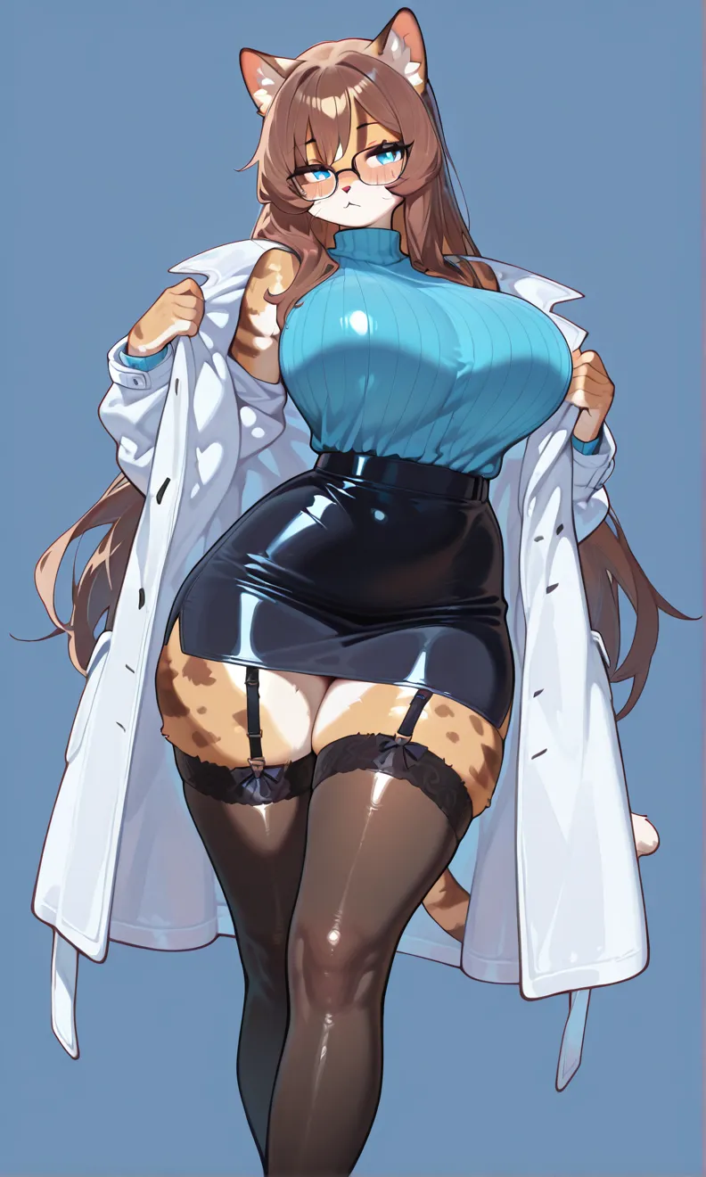 beautiful girl, Scientist, Horse ears and tail, Big Breasts, White big coat, Brown Hair, short hair-, No light in my eyes