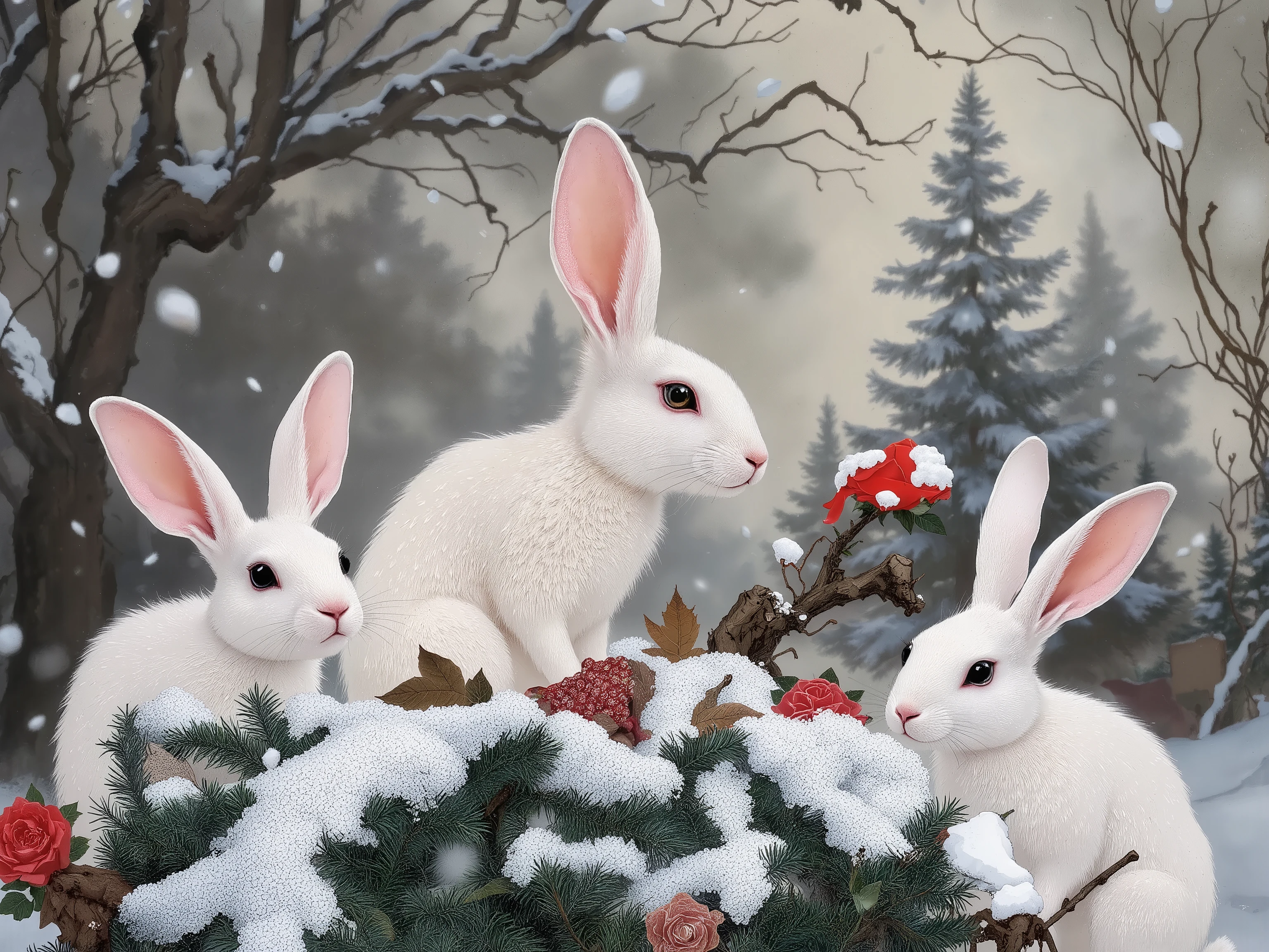 a few snow rabbits,white rabbits,Rabbit Hole,nohuman,wide shot,falling snow,landscape background,trees,branch,winter,snow,forest,day,day light,dynamic pose,dynamic angle,natural lighting,vivid color,ito jakuchu,nihonga,sumi-e