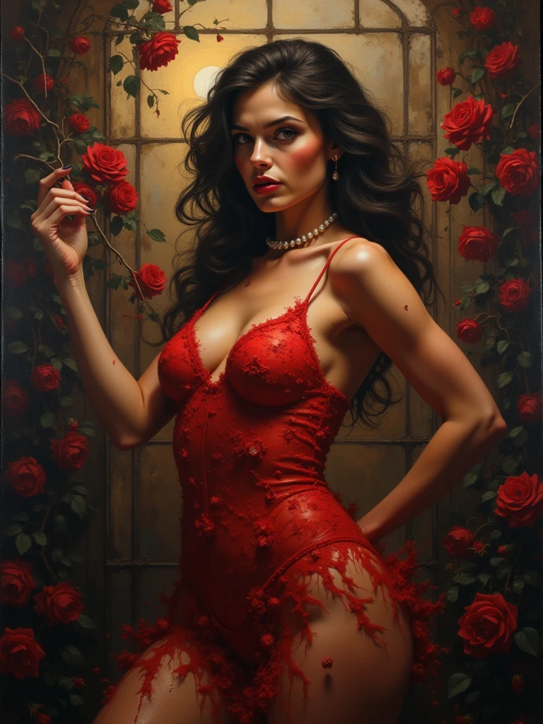 Jaime Murray in a sexy short red dress, black hair, roses, brothel