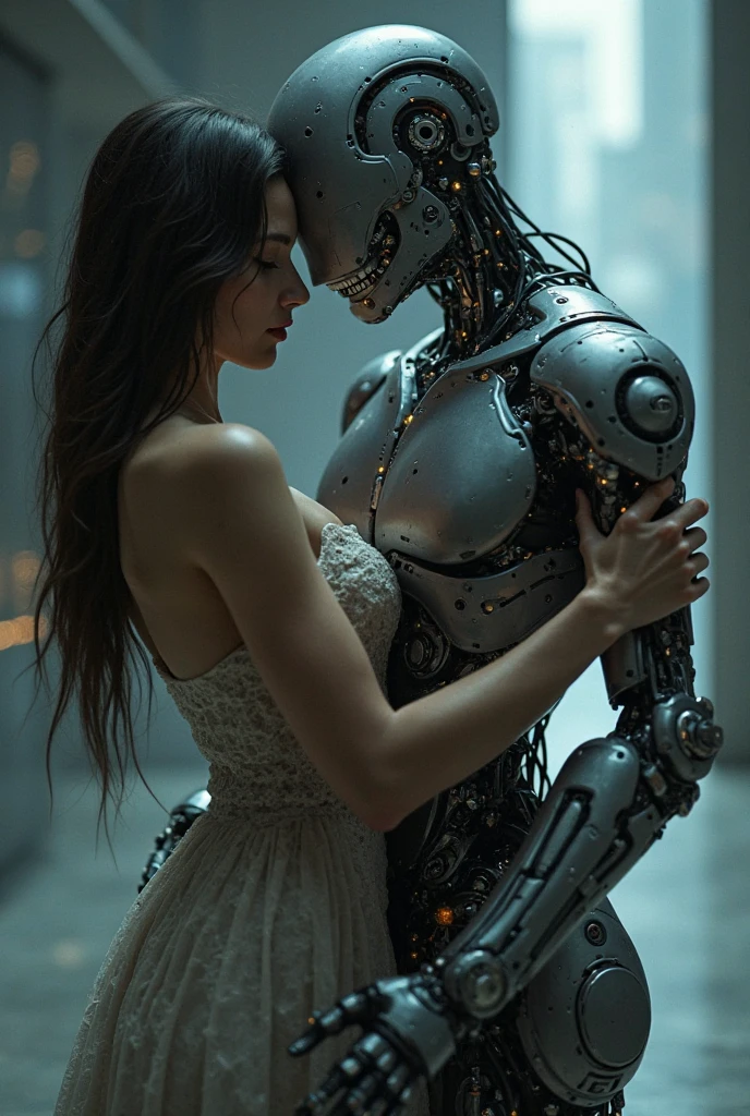 Sexual relationship between a male cyborg and a female cyborg on the roof of a skyscraper, high quality, best quality, absurdres, masterpiece, beautiful, intricate details, 1/2 body crop, slim body, beautiful figure, magnificent anatomy, (intricate details:1.12), HDR, (intricate details, hyper-detailing:1.15), (natural skin textures, hyper realisitc, soft light, Sharp:1.2)