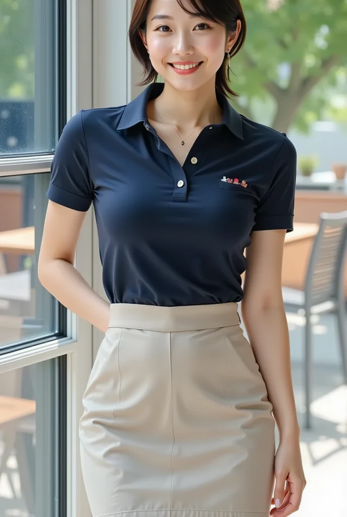Thai woman in office uniform, plump body shape, gray polo tshirt, black pant, facing towards camera straight face, 80kg weight, round face, white skin, photorealistic, curly hair tied, 8k